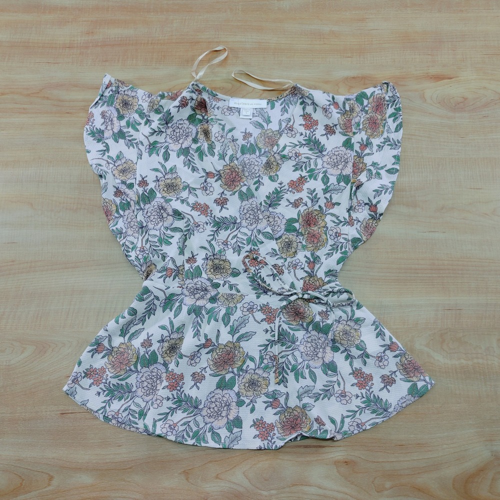 Monteau Los Angeles Floral Wrap Peplum Top Flutter Sleeve Multicolor Size S